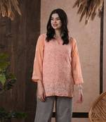 Hand Embroidered Peach Georgette Lucknowi Chikankari Indian Women Kurti