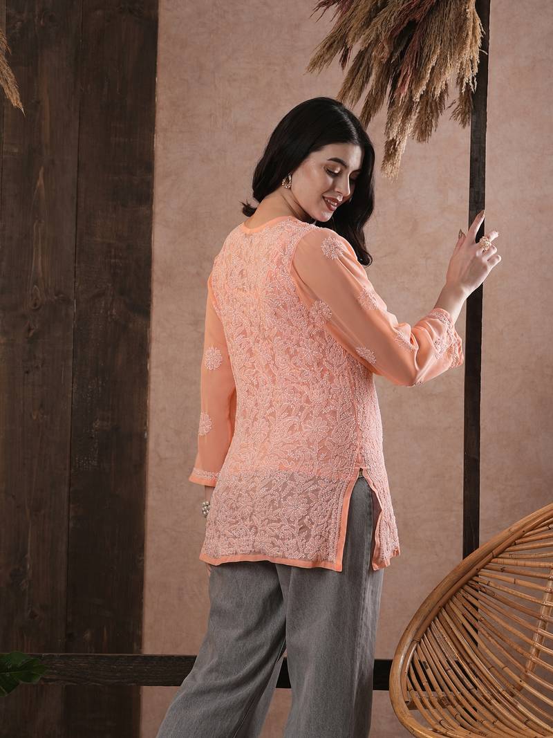 Hand Embroidered Peach Georgette Lucknowi Chikankari Indian Women Kurti