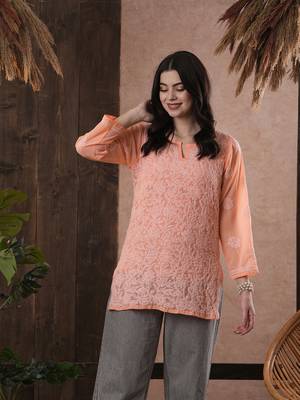 Hand Embroidered Peach Georgette Lucknowi Chikankari Indian Women Kurti 3