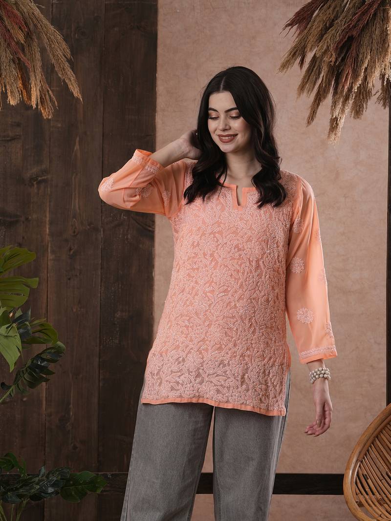 Hand Embroidered Peach Georgette Lucknowi Chikankari Indian Women Kurti