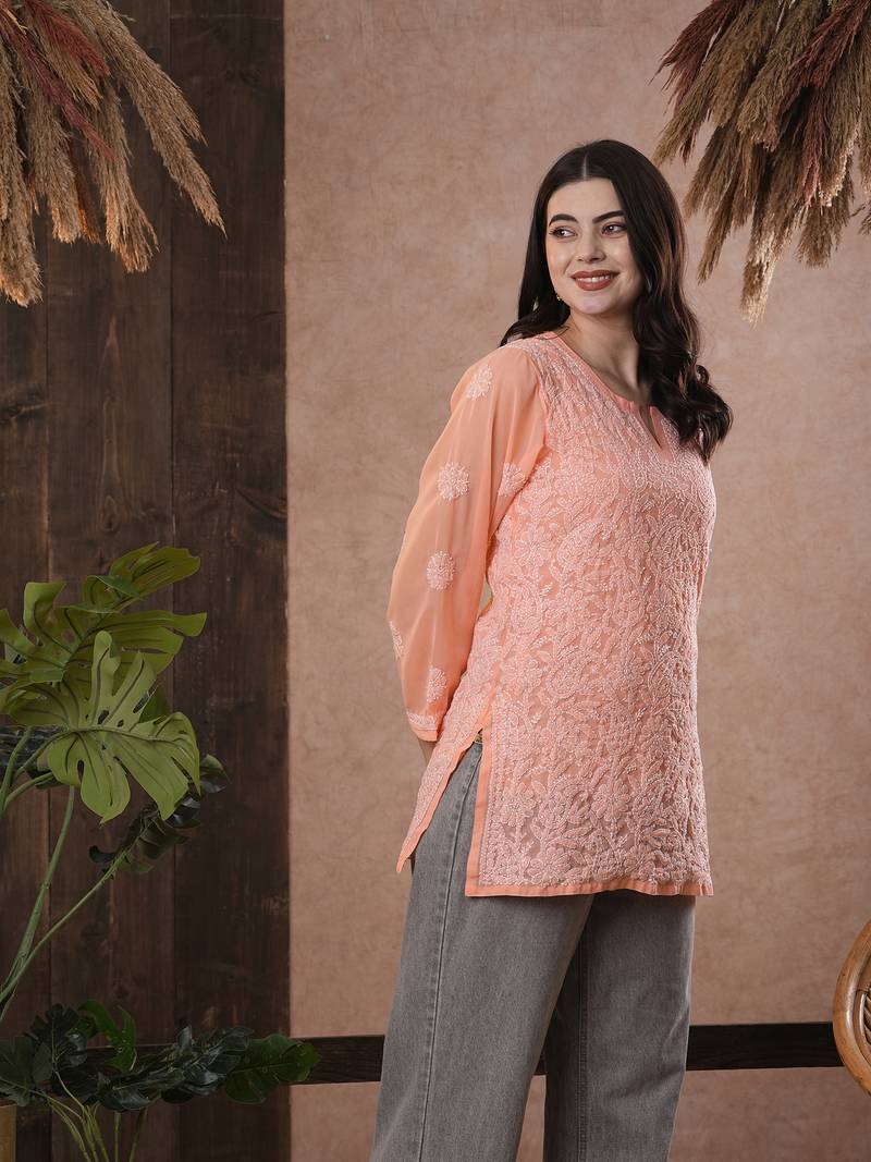 Hand Embroidered Peach Georgette Lucknowi Chikankari Indian Women Kurti