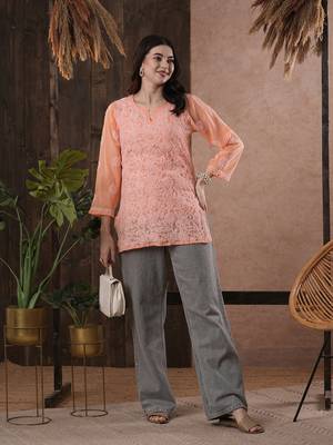 Hand Embroidered Peach Georgette Lucknowi Chikankari Indian Women Kurti 5