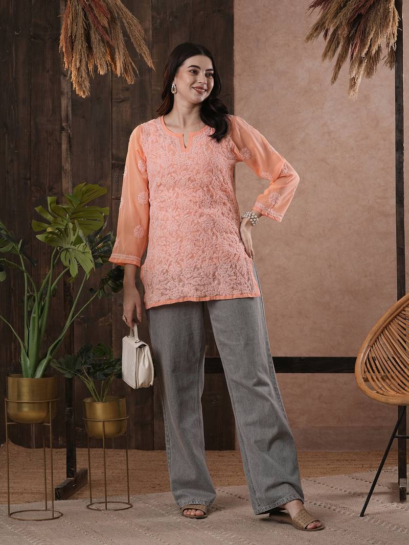 Hand Embroidered Peach Georgette Lucknowi Chikankari Indian Women Kurti