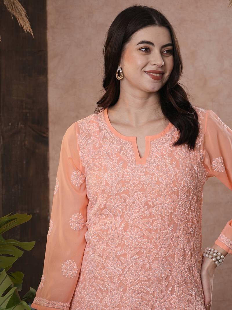 Hand Embroidered Peach Georgette Lucknowi Chikankari Indian Women Kurti
