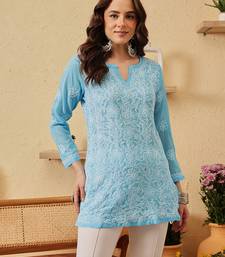 Hand Embroidered Blue Georgette Lucknowi Chikankari Indian Women Straight Kurti