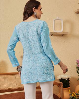 Hand Embroidered Blue Georgette Lucknowi Chikankari Indian Women Straight Kurti 3