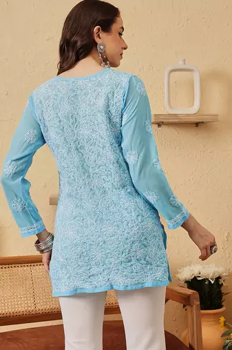 Hand Embroidered Blue Georgette Lucknowi Chikankari Indian Women Straight Kurti