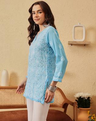 Hand Embroidered Blue Georgette Lucknowi Chikankari Indian Women Straight Kurti 4