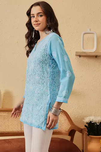 Hand Embroidered Blue Georgette Lucknowi Chikankari Indian Women Straight Kurti
