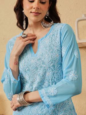 Hand Embroidered Blue Georgette Lucknowi Chikankari Indian Women Straight Kurti 5