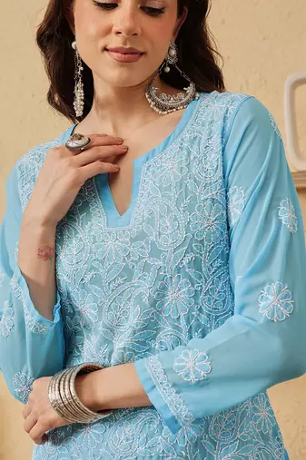 Hand Embroidered Blue Georgette Lucknowi Chikankari Indian Women Straight Kurti