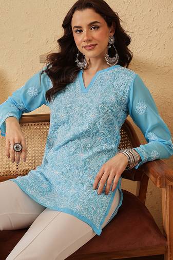 Hand Embroidered Blue Georgette Lucknowi Chikankari Indian Women Straight Kurti