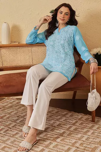 Hand Embroidered Blue Georgette Lucknowi Chikankari Indian Women Straight Kurti