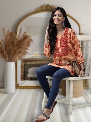 Hand Embroidered Peach Kota Lucknowi Chikankari Women Indian Kurti 2