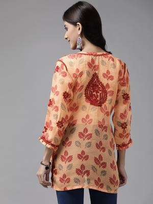 Hand Embroidered Peach Kota Lucknowi Chikankari Women Indian Kurti 4