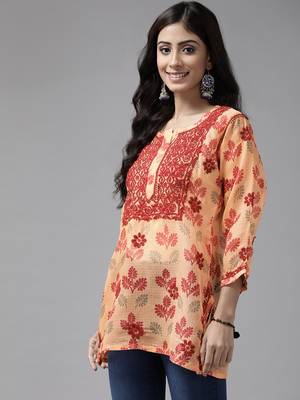 Hand Embroidered Peach Kota Lucknowi Chikankari Women Indian Kurti 5