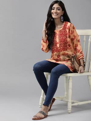 Hand Embroidered Peach Kota Lucknowi Chikankari Women Indian Kurti 1