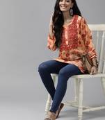 Hand Embroidered Peach Kota Lucknowi Chikankari Women Indian Kurti