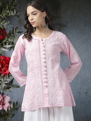 Hand Embroidered Pink Cotton Lucknowi Chikankari Indian Women Kurti With Zari Work 1
