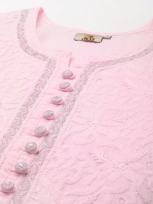 Hand Embroidered Pink Cotton Lucknowi Chikankari Indian Women Kurti With Zari Work 2