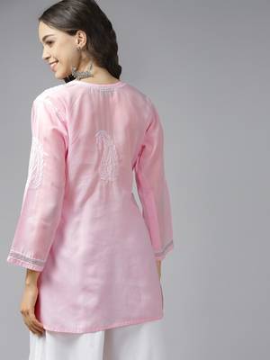 Hand Embroidered Pink Cotton Lucknowi Chikankari Indian Women Kurti With Zari Work 3