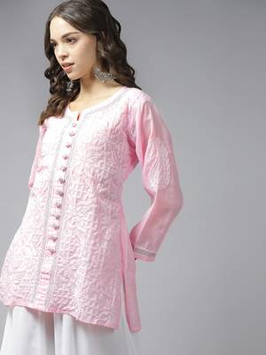 Hand Embroidered Pink Cotton Lucknowi Chikankari Indian Women Kurti With Zari Work 4