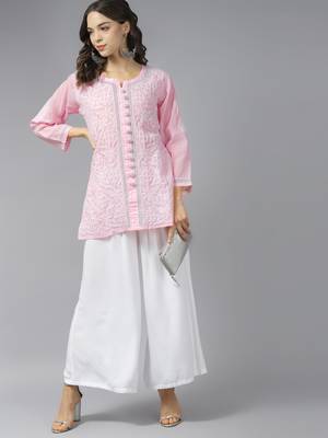 Hand Embroidered Pink Cotton Lucknowi Chikankari Indian Women Kurti With Zari Work 5