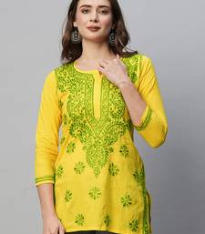 Hand Embroidered Yellow Cotton Lucknowi Chikankari Indian Women Kurti