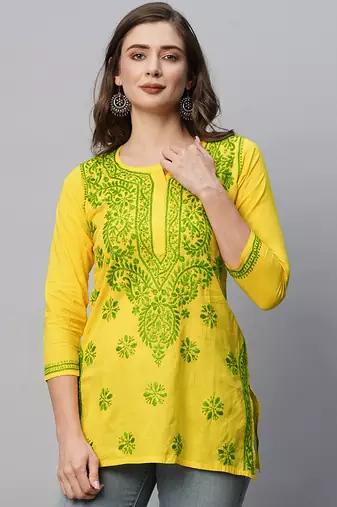  Hand Embroidered Yellow Cotton Lucknowi Chikankari Indian Women Kurti 