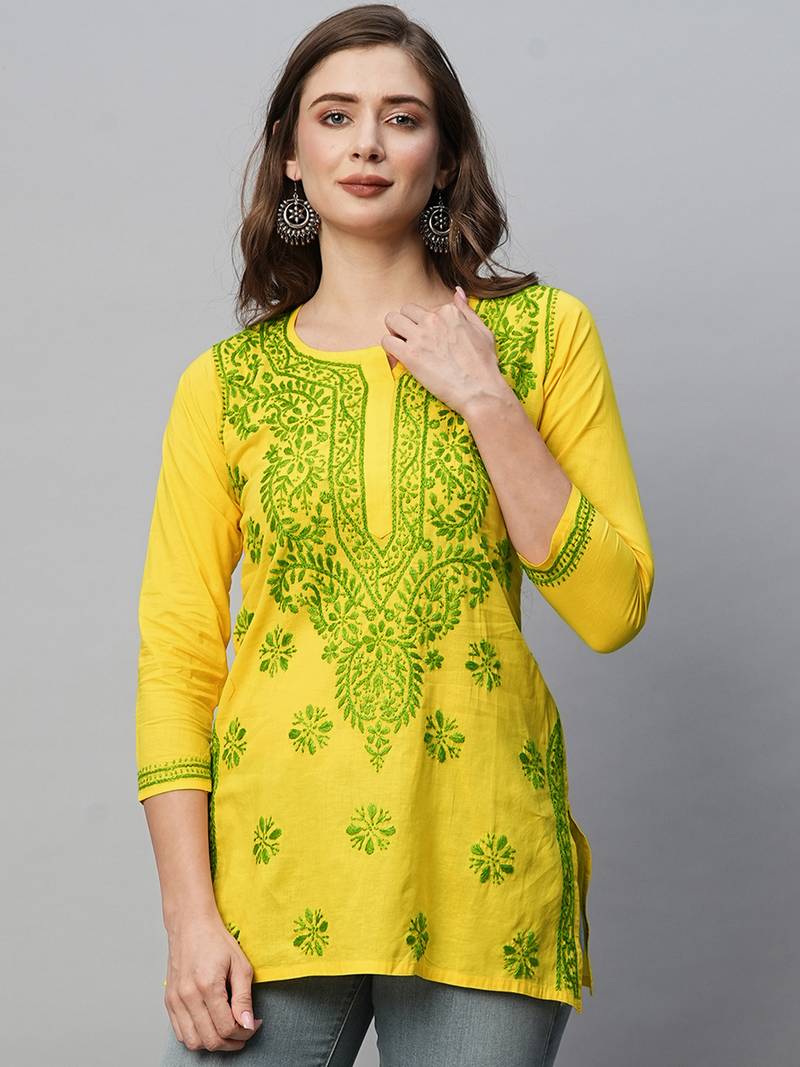  Hand Embroidered Yellow Cotton Lucknowi Chikankari Indian Women Kurti 
