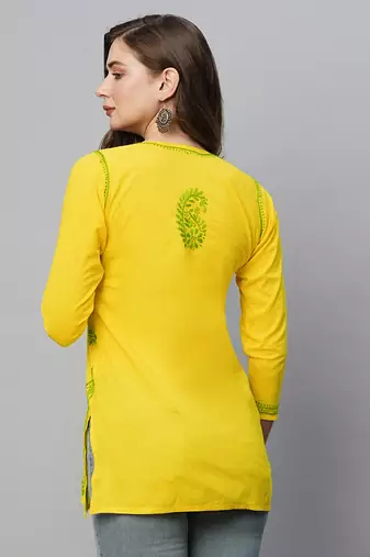  Hand Embroidered Yellow Cotton Lucknowi Chikankari Indian Women Kurti 
