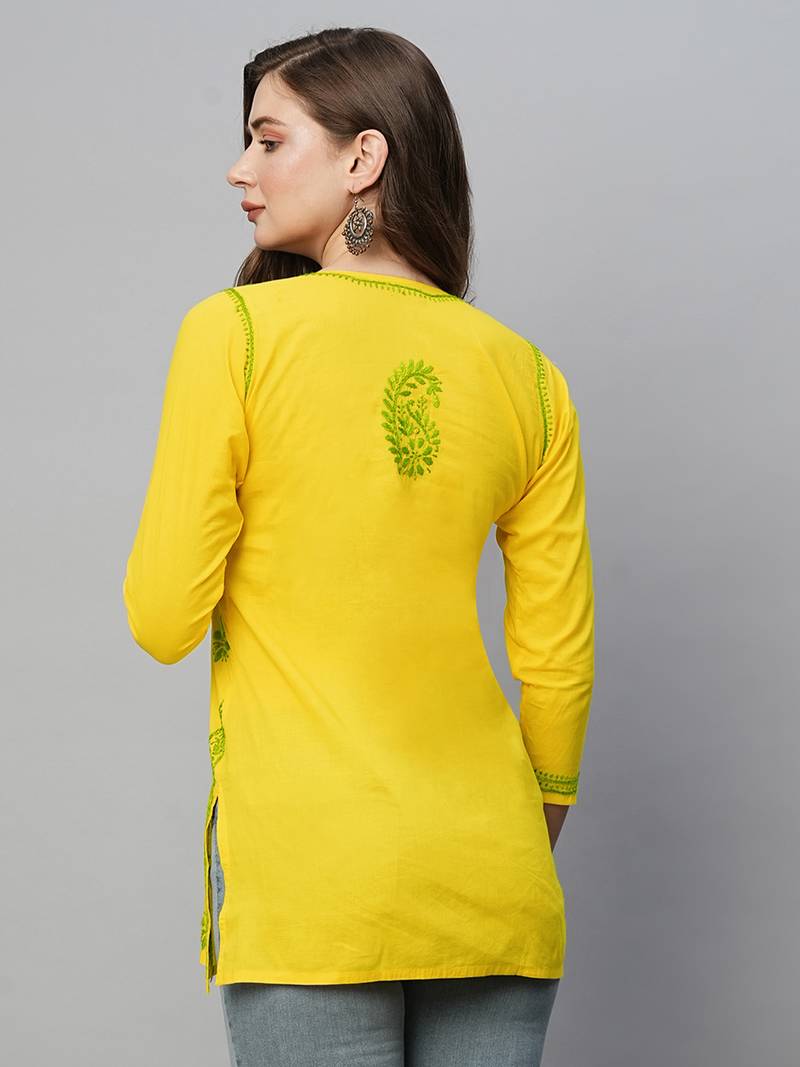  Hand Embroidered Yellow Cotton Lucknowi Chikankari Indian Women Kurti 