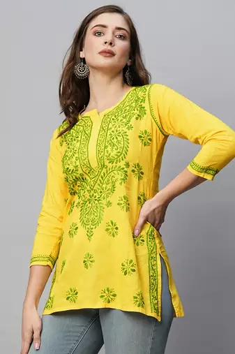  Hand Embroidered Yellow Cotton Lucknowi Chikankari Indian Women Kurti 