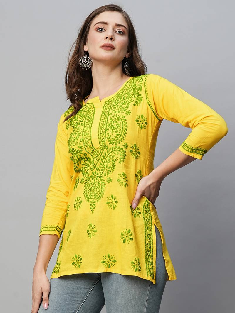  Hand Embroidered Yellow Cotton Lucknowi Chikankari Indian Women Kurti 
