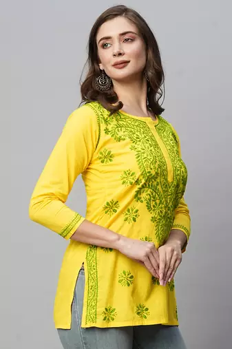  Hand Embroidered Yellow Cotton Lucknowi Chikankari Indian Women Kurti 
