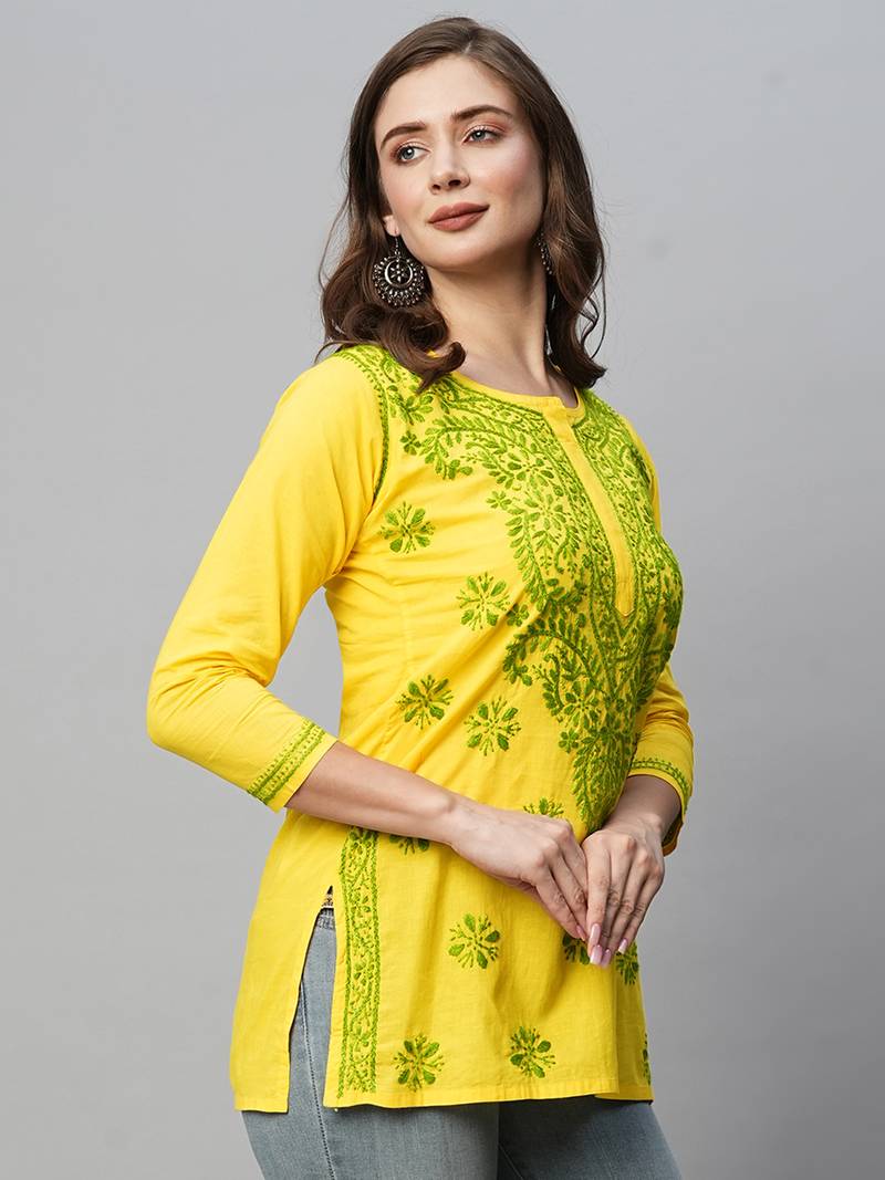  Hand Embroidered Yellow Cotton Lucknowi Chikankari Indian Women Kurti 