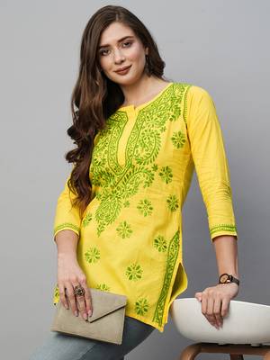  Hand Embroidered Yellow Cotton Lucknowi Chikankari Indian Women Kurti  1