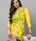  Hand Embroidered Yellow Cotton Lucknowi Chikankari Indian Women Kurti 
