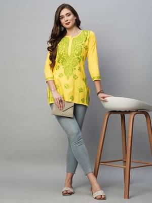  Hand Embroidered Yellow Cotton Lucknowi Chikankari Indian Women Kurti  6