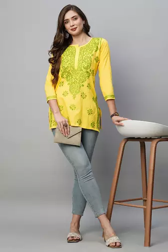  Hand Embroidered Yellow Cotton Lucknowi Chikankari Indian Women Kurti 
