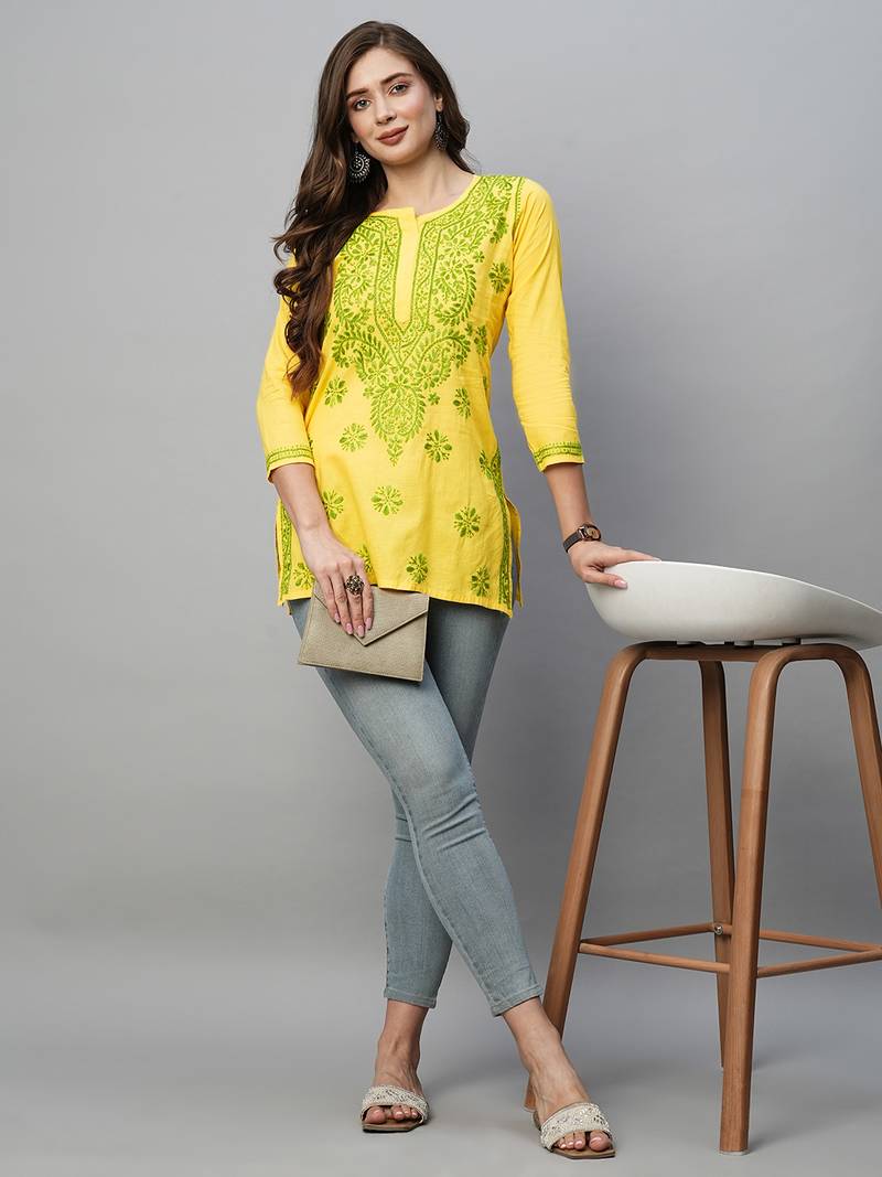  Hand Embroidered Yellow Cotton Lucknowi Chikankari Indian Women Kurti 