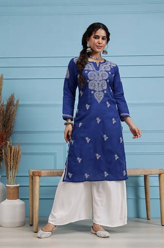 Hand Embroidered Royal Blue Cotton Lucknowi Chikankari Indian Women Straight Kurta