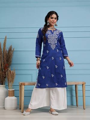 Hand Embroidered Royal Blue Cotton Lucknowi Chikankari Indian Women Straight Kurta 1