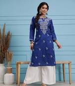 Hand Embroidered Royal Blue Cotton Lucknowi Chikankari Indian Women Straight Kurta