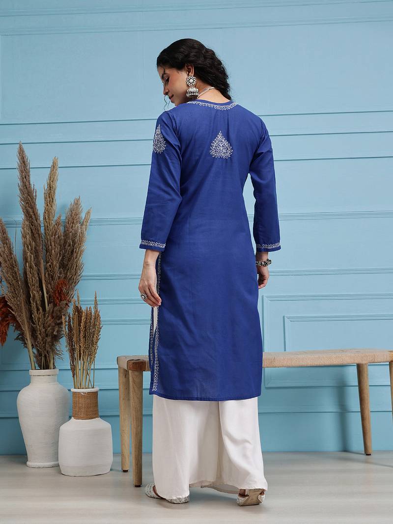 Hand Embroidered Royal Blue Cotton Lucknowi Chikankari Indian Women Straight Kurta