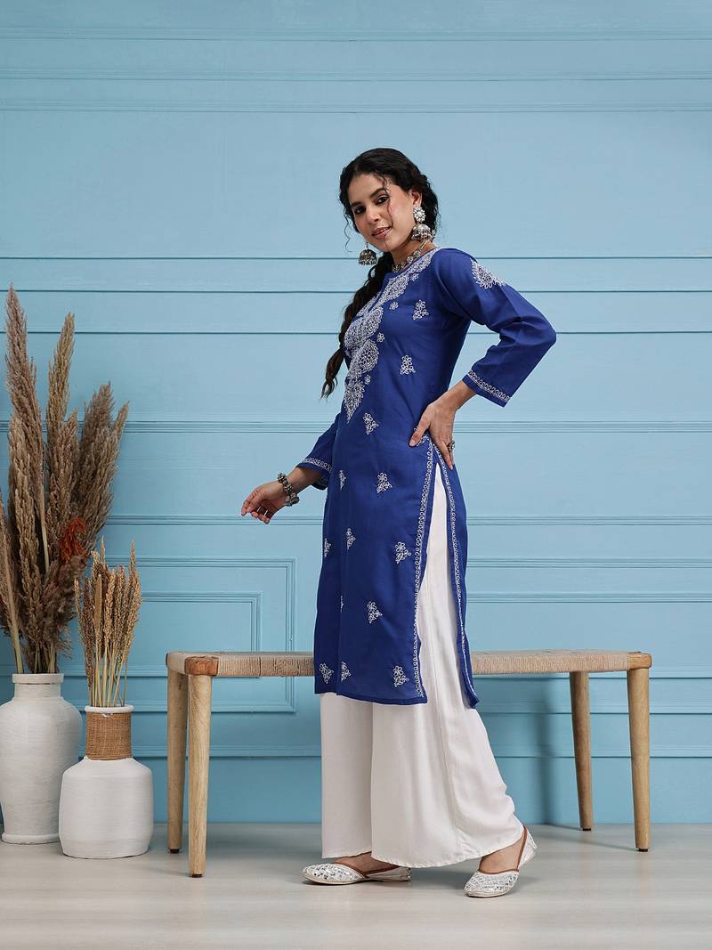 Hand Embroidered Royal Blue Cotton Lucknowi Chikankari Indian Women Straight Kurta
