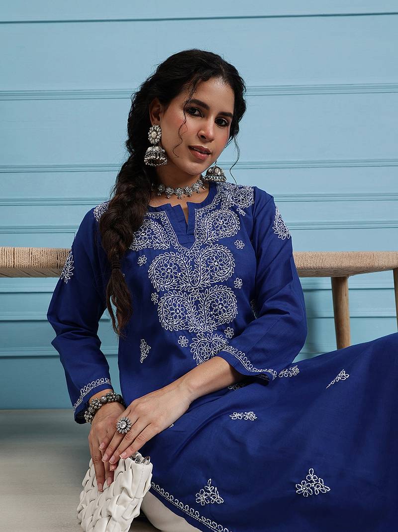 Hand Embroidered Royal Blue Cotton Lucknowi Chikankari Indian Women Straight Kurta