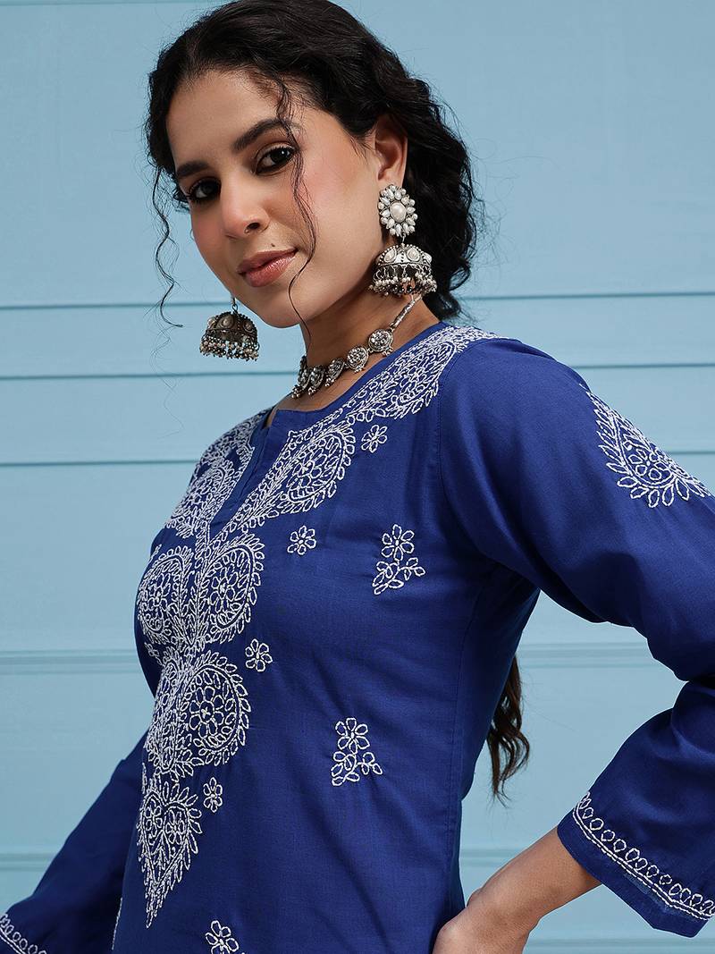 Hand Embroidered Royal Blue Cotton Lucknowi Chikankari Indian Women Straight Kurta