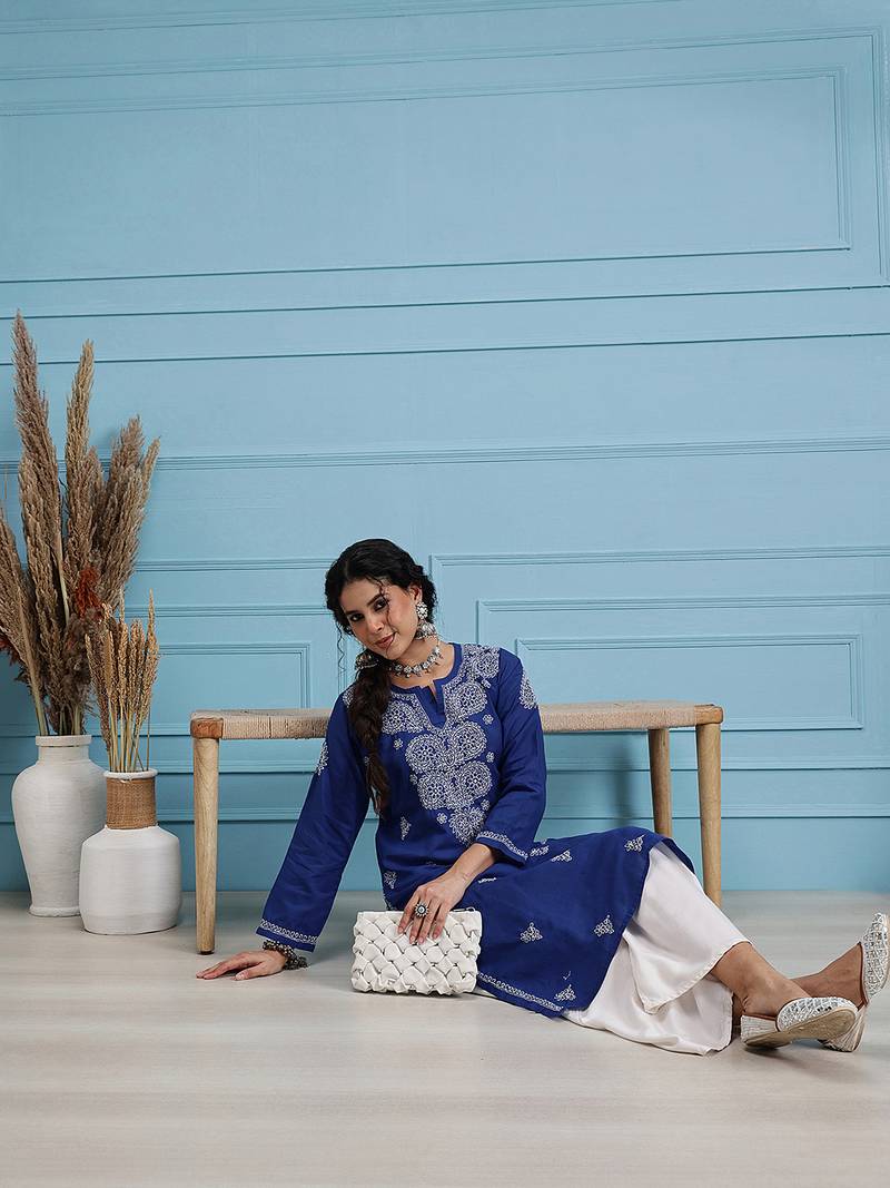 Hand Embroidered Royal Blue Cotton Lucknowi Chikankari Indian Women Straight Kurta