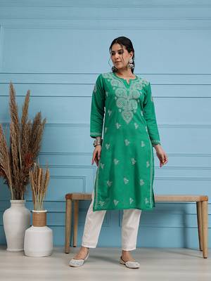 Hand Embroidered Green Cotton Lucknowi Chikankari Indian Women Straight Kurta 1